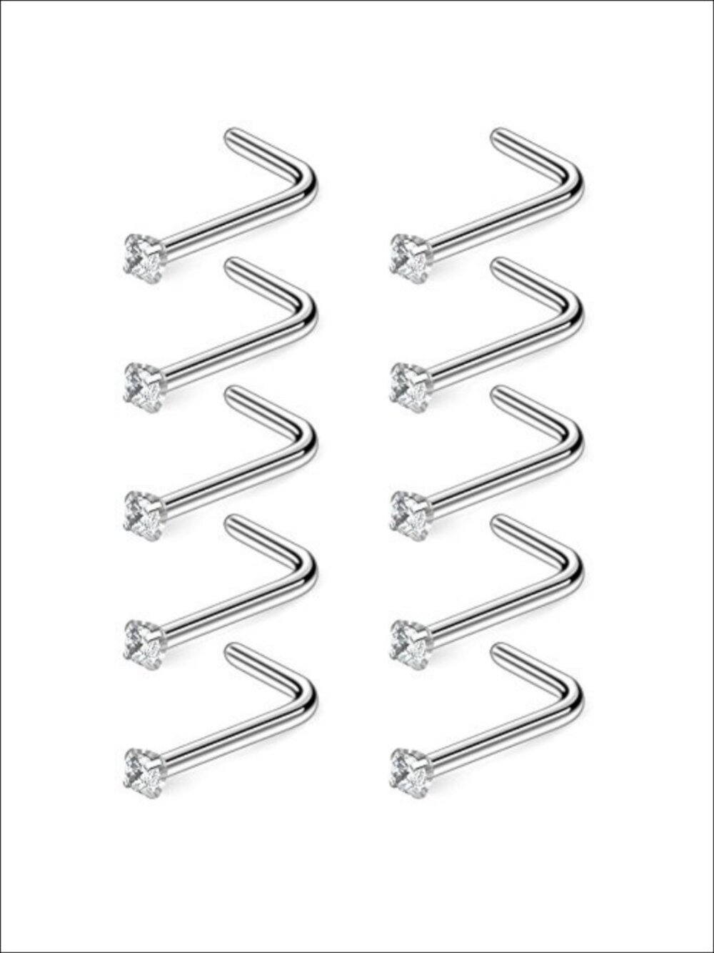 20G Surgical Steel CZ Nose Stud Rings L Shaped Piercing Jewelry 10-40PCS